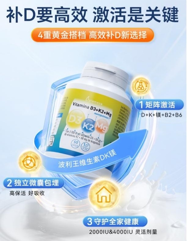 九成国人缺乏维D，Plameca波利王维生素DK镁，创新五合一配方高效补维D！